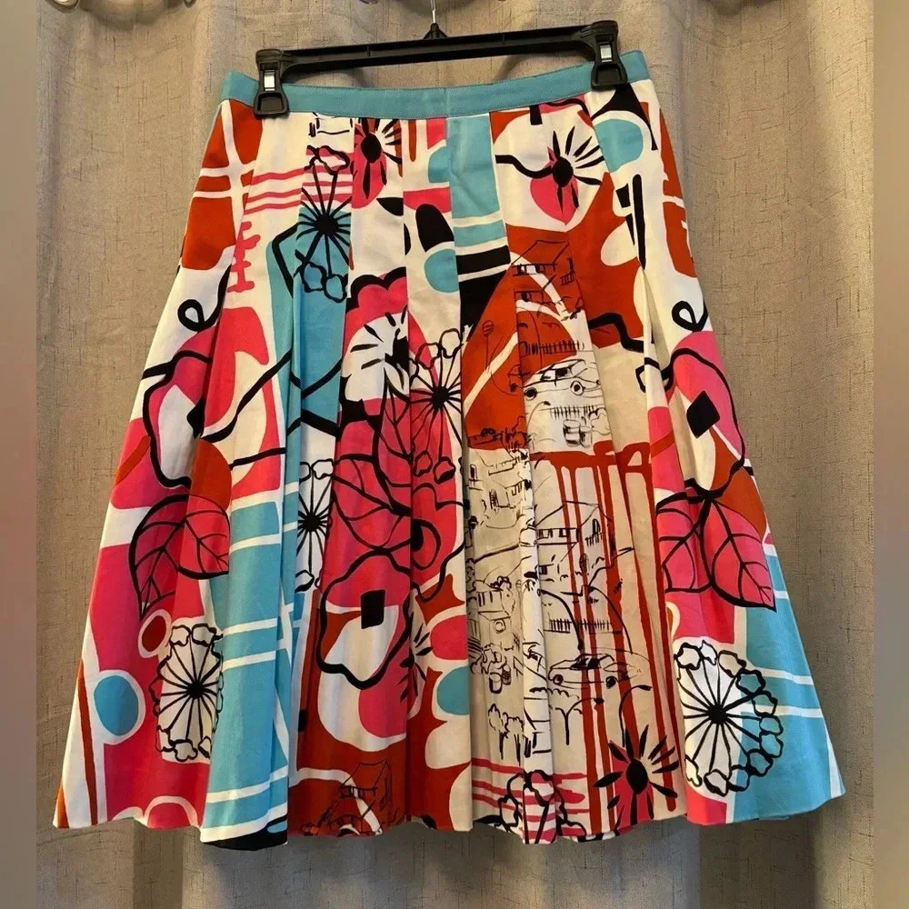 Etcetera Size 0 A-line pleated 97% Cotton Skirt. Multi-media Colorful‎ Pattern
